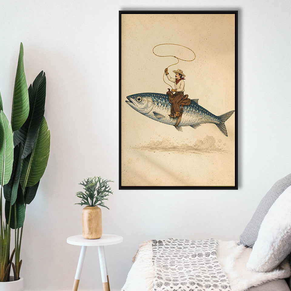 Cowboy Riding Fish, Funny Fishing Wall Art, Vintage Western Print, Framed Canvas Print, Floating Frame