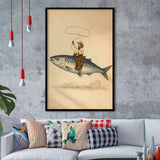Cowboy Riding Fish, Funny Fishing Wall Art, Vintage Western Print, Framed Art Print, Fine Art Wall Decor