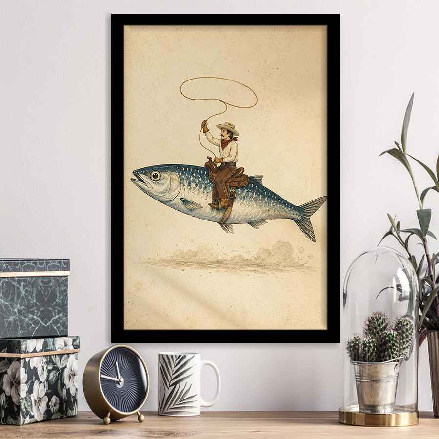 Cowboy Riding Fish, Funny Fishing Wall Art, Vintage Western Print, Framed Art Print, Fine Art Wall Decor
