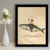Cowboy Riding Fish, Funny Fishing Wall Art, Vintage Western Print, Framed Art Print, Fine Art Wall Decor