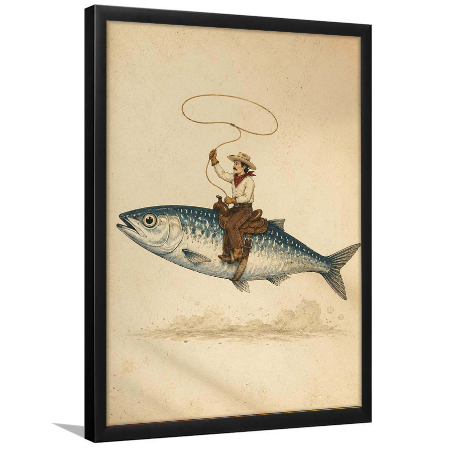 Cowboy Riding Fish, Funny Fishing Wall Art, Vintage Western Print, Framed Art Print, Fine Art Wall Decor