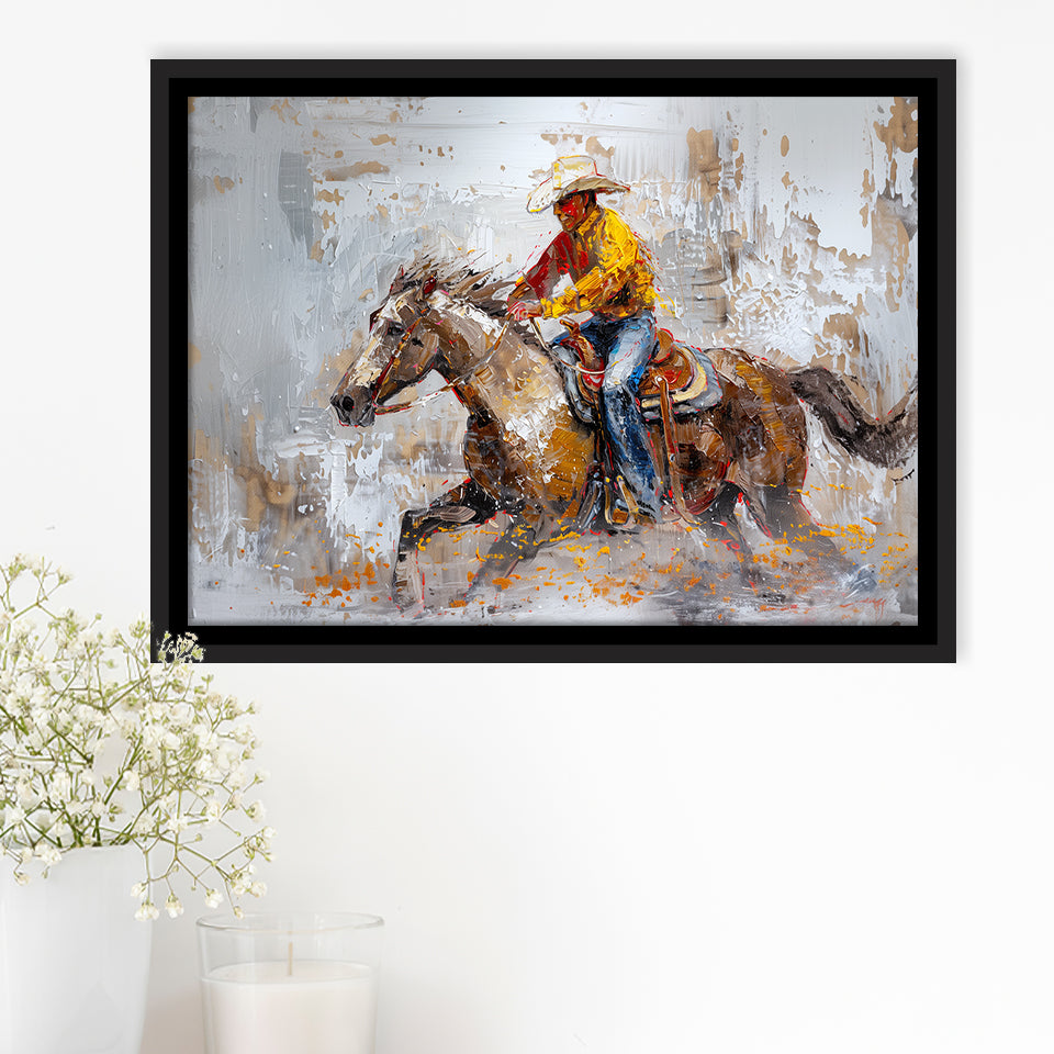 Cowboy Riding Horses Painting, Framed Canvas Print Wall Art Decor, Floating Frame Painting Canvas