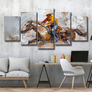 Cowboy Riding Horses Painting, Mixed 5 Panel Canvas Print Wall Art Home Decor, Large Canvas Painting