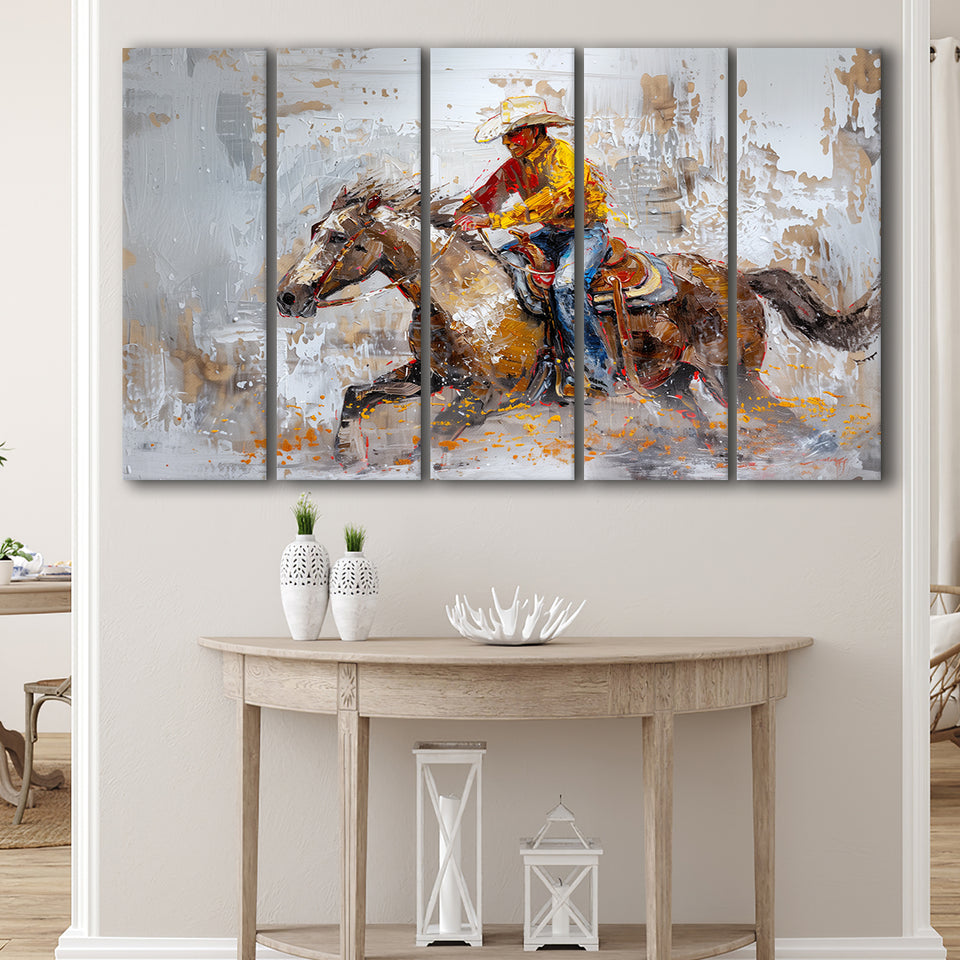 Cowboy Riding Horses Painting, Mixed 5 Panel B Canvas Print Wall Art Decor, Extra Large Painting Canvas