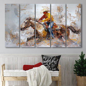 Cowboy Riding Horses Painting, Mixed 5 Panel B Canvas Print Wall Art Decor, Extra Large Painting Canvas