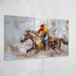 Cowboy Riding Horses Painting, Mixed 5 Panel B Canvas Print Wall Art Decor, Extra Large Painting Canvas