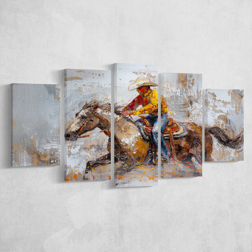 Cowboy Riding Horses Painting, Mixed 5 Panel Canvas Print Wall Art Home Decor, Large Canvas Painting