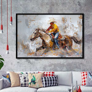 Cowboy Riding Horses Painting, Framed Art Print Wall Decor, Picture Framed Painting Art