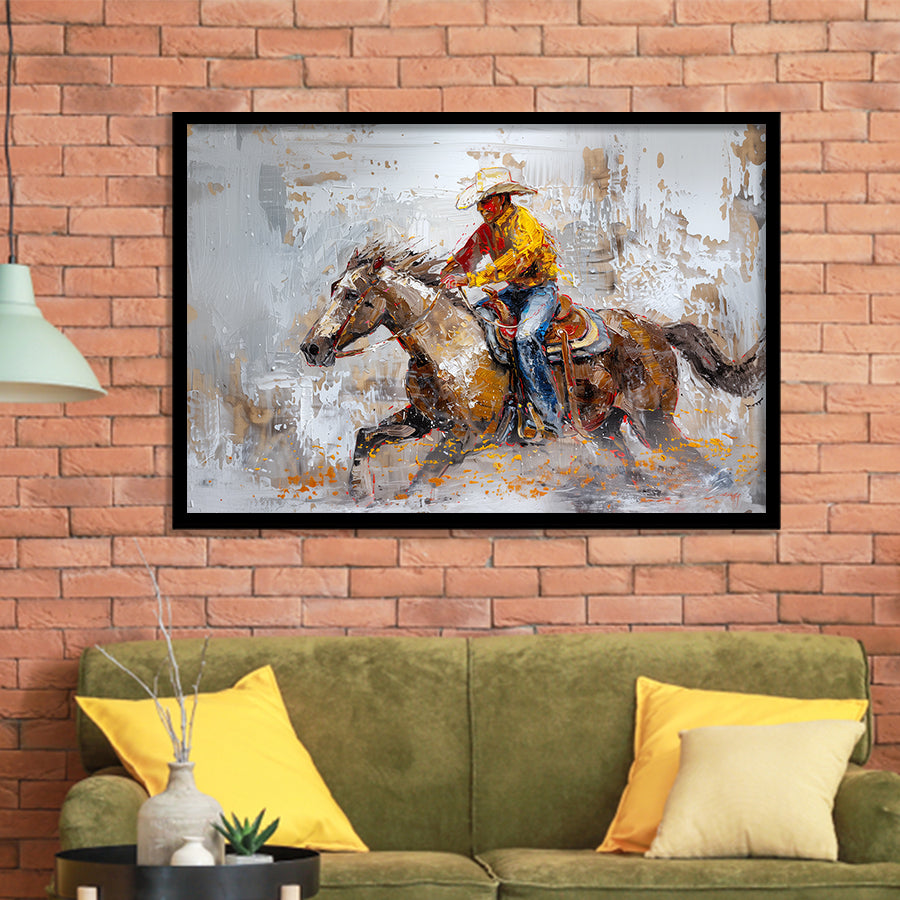 Cowboy Riding Horses Painting, Framed Art Print Wall Decor, Picture Framed Painting Art