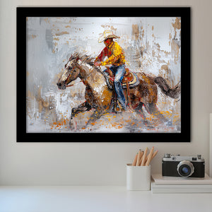 Cowboy Riding Horses Painting, Framed Art Print Wall Decor, Picture Framed Painting Art