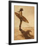 Cowboy Surfer, Coastal Cowboy Wall Art, Vintage Sepia Surf Print, Western Beach Painting, Framed Art Print White Border