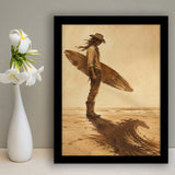 Cowboy Surfer, Coastal Cowboy Wall Art, Vintage Sepia Surf Print, Western Beach Painting, Framed Art Print, Fine Art Wall Decor