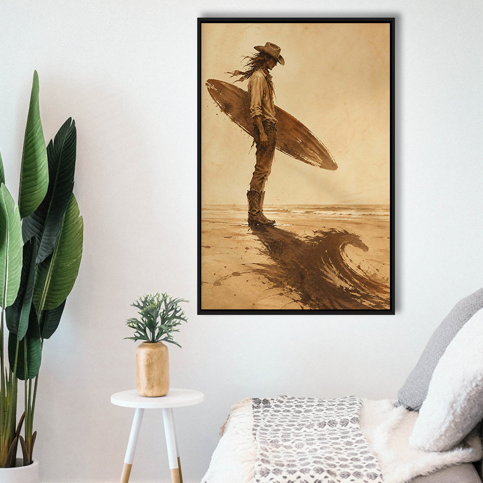 Cowboy Surfer, Coastal Cowboy Wall Art, Vintage Sepia Surf Print, Western Beach Painting, Framed Canvas Print, Floating Frame