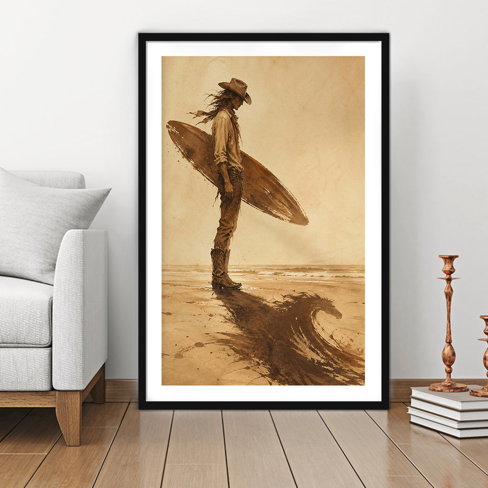 Cowboy Surfer, Coastal Cowboy Wall Art, Vintage Sepia Surf Print, Western Beach Painting, Framed Art Print White Border