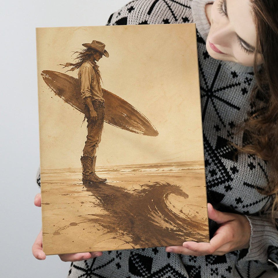 Cowboy Surfer, Coastal Cowboy Wall Art, Vintage Sepia Surf Print, Western Beach Painting, Canvas Print Wall Art, Wall Decor