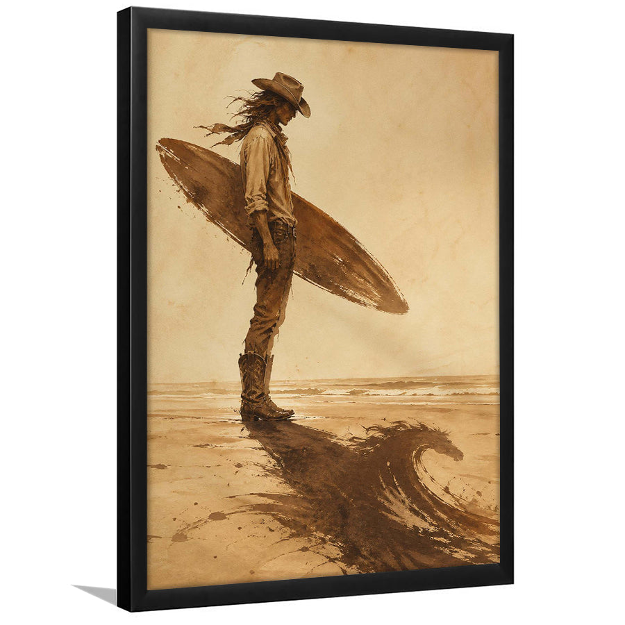 Cowboy Surfer, Coastal Cowboy Wall Art, Vintage Sepia Surf Print, Western Beach Painting, Framed Art Print, Fine Art Wall Decor