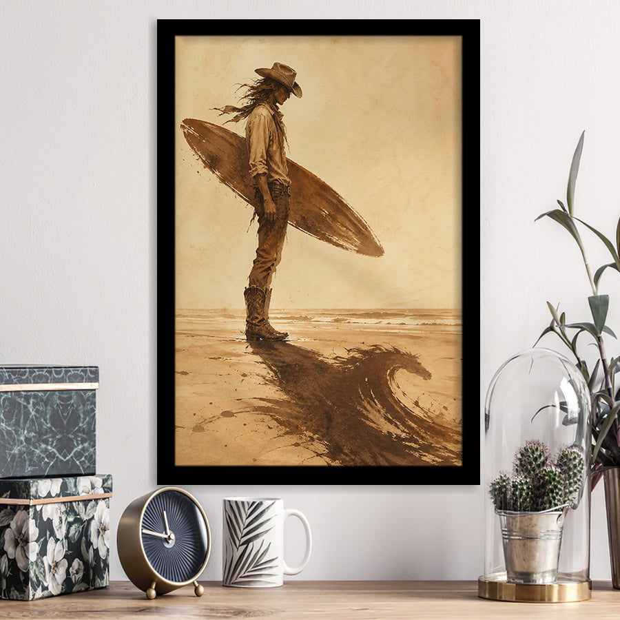 Cowboy Surfer, Coastal Cowboy Wall Art, Vintage Sepia Surf Print, Western Beach Painting, Framed Art Print, Fine Art Wall Decor