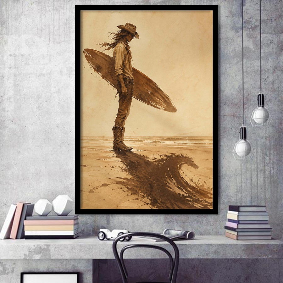 Cowboy Surfer, Coastal Cowboy Wall Art, Vintage Sepia Surf Print, Western Beach Painting, Framed Art Print, Fine Art Wall Decor