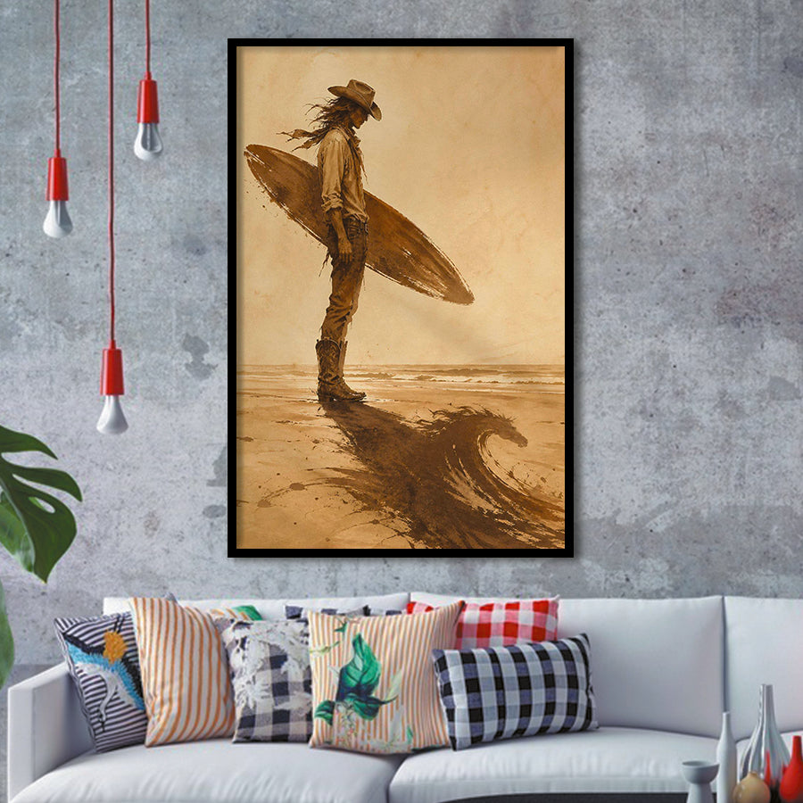 Cowboy Surfer, Coastal Cowboy Wall Art, Vintage Sepia Surf Print, Western Beach Painting, Framed Art Print, Fine Art Wall Decor