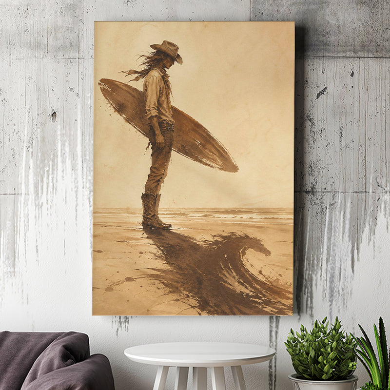 Cowboy Surfer, Coastal Cowboy Wall Art, Vintage Sepia Surf Print, Western Beach Painting, Canvas Print Wall Art, Wall Decor
