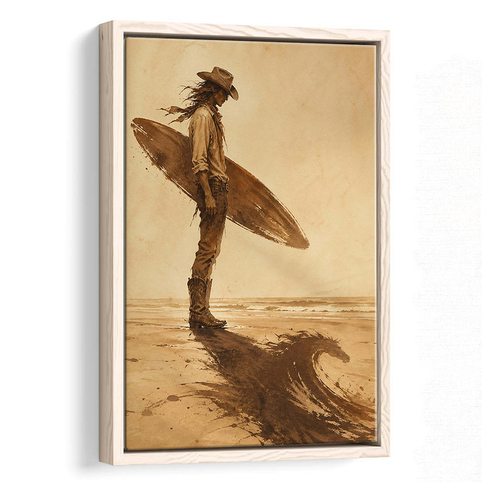 Cowboy Surfer, Coastal Cowboy Wall Art, Vintage Sepia Surf Print, Western Beach Painting, Framed Canvas Print, Floating Frame