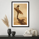 Cowboy Surfer, Coastal Cowboy Wall Art, Vintage Sepia Surf Print, Western Beach Painting, Framed Art Print White Border