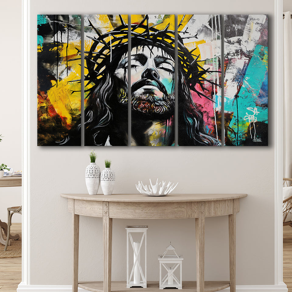 Crown Of Thorns Jesus Christ Portrait Graffiti, Extra Large Multi 5 Panel Canvas Print Wall Art Decor