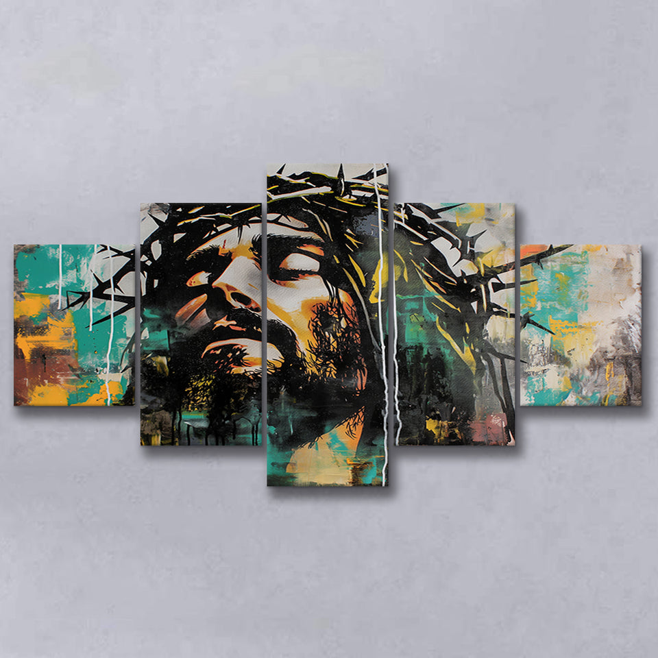 Crown Of Thorns Jesus Christ Portrait Graffiti Art, Multi Panel Canvas Print Wall Art Decor, 5 Mixed Panel