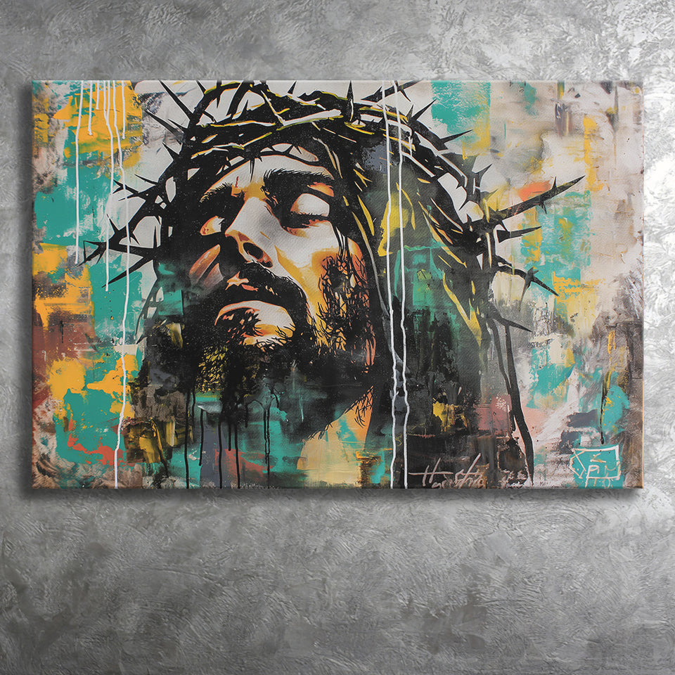 Crown Of Thorns Jesus Christ Portrait Graffiti Art, Canvas Print Wall Art Decor, Landscape Art Print