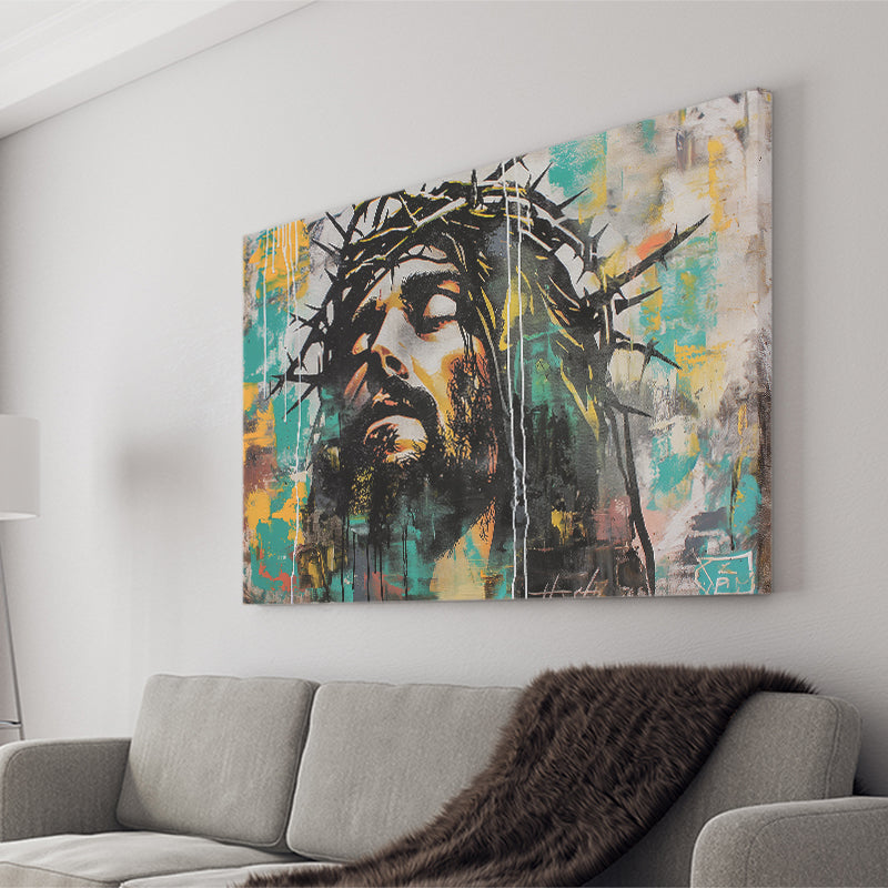 Crown Of Thorns Jesus Christ Portrait Graffiti Art, Canvas Print Wall Art Decor, Landscape Art Print