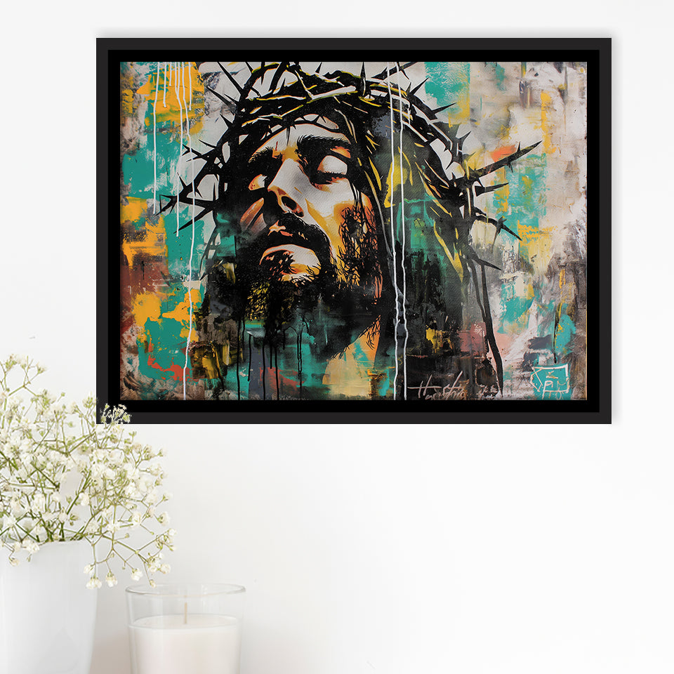Crown Of Thorns Jesus Christ Portrait Graffiti Art, Framed Canvas Print Wall Art Decor,Floating Frame