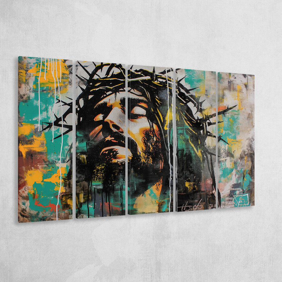 Crown Of Thorns Jesus Christ Portrait Graffiti Art, Extra Large Multi 5 Panel Canvas Print Wall Art Decor