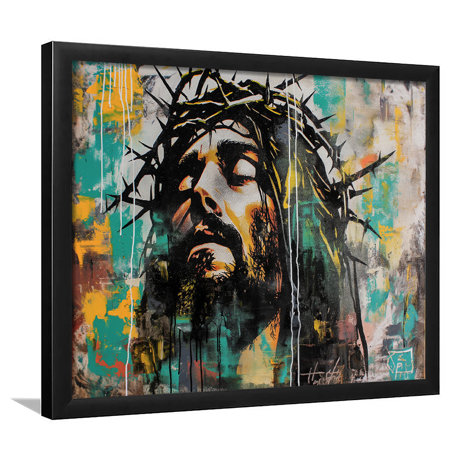 Crown Of Thorns Jesus Christ Portrait Graffiti Art, Framed Art Print Wall Decor, Framed Picture