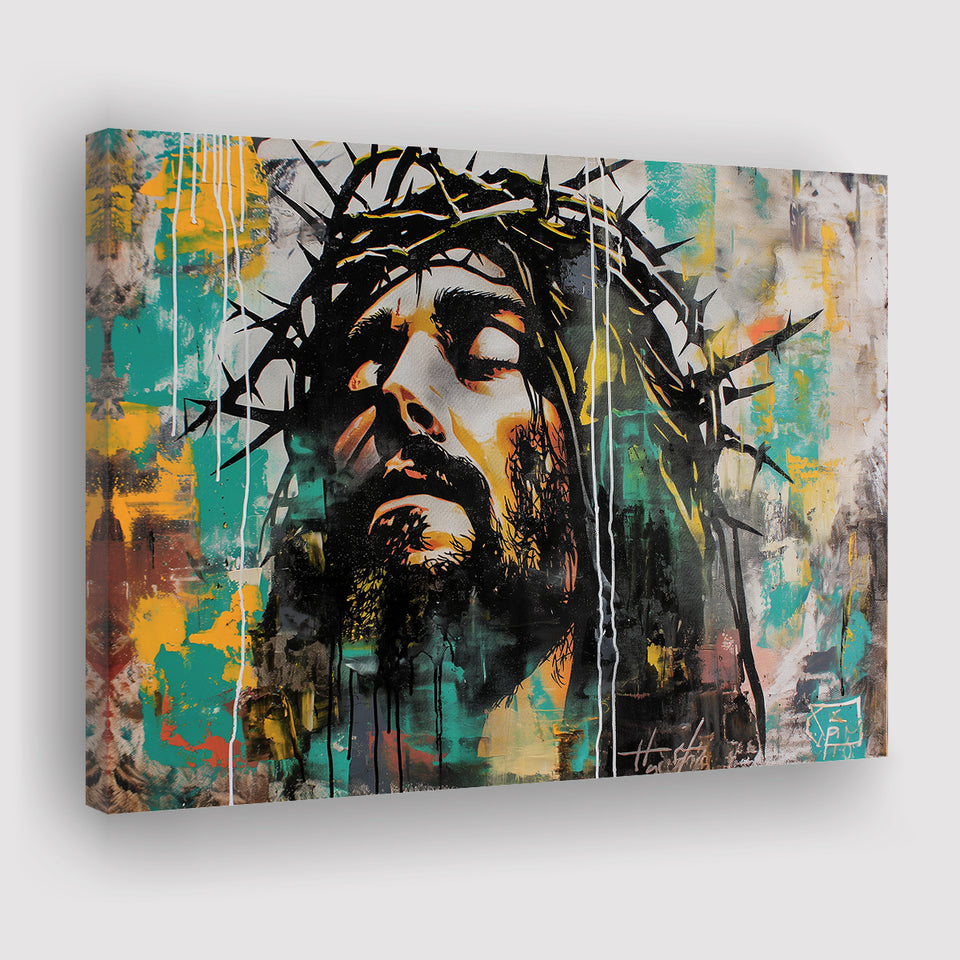 Crown Of Thorns Jesus Christ Portrait Graffiti Art, Canvas Print Wall Art Decor, Landscape Art Print