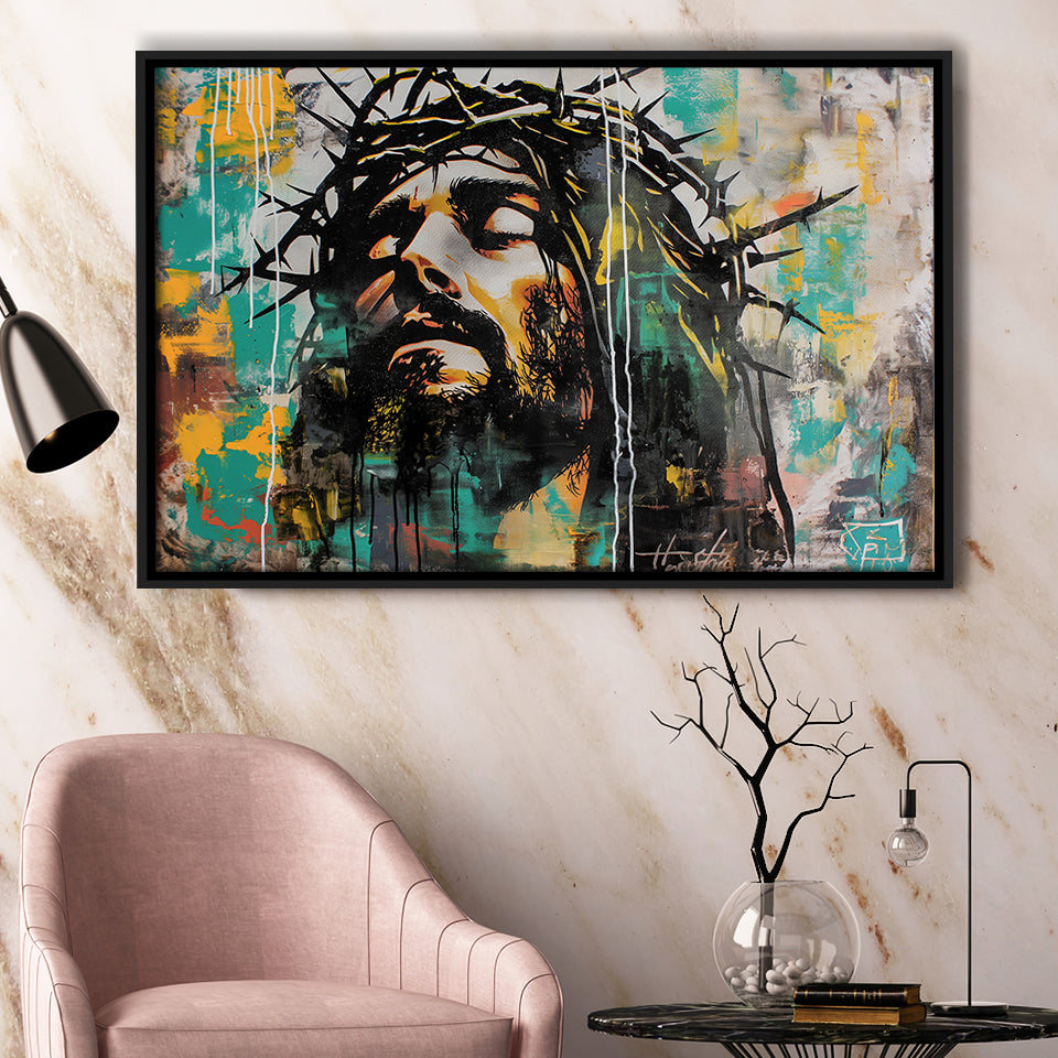 Crown Of Thorns Jesus Christ Portrait Graffiti Art, Framed Canvas Print Wall Art Decor,Floating Frame