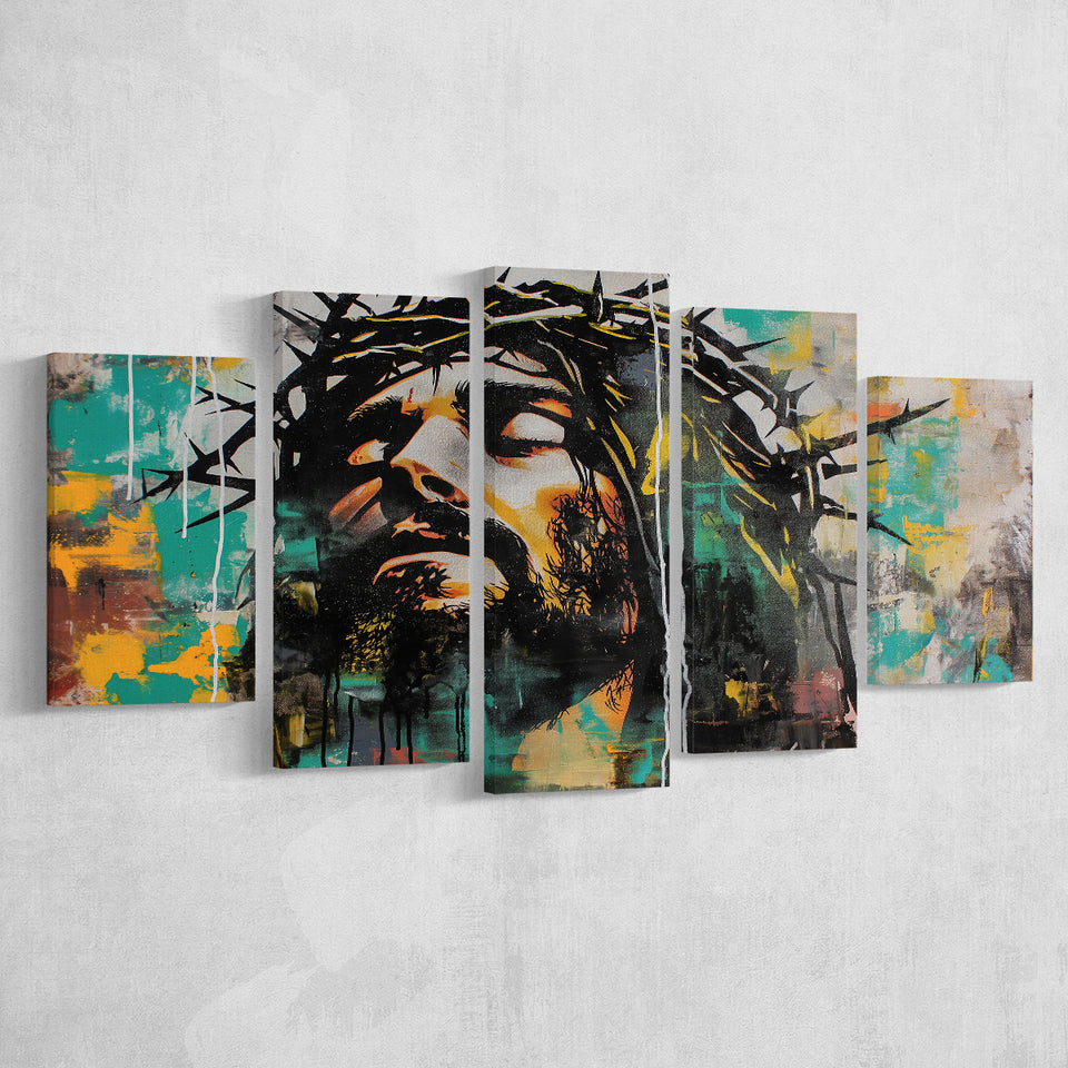 Crown Of Thorns Jesus Christ Portrait Graffiti Art, Multi Panel Canvas Print Wall Art Decor, 5 Mixed Panel