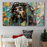 Crown Of Thorns Jesus Christ Portrait Graffiti Art, Extra Large Multi 5 Panel Canvas Print Wall Art Decor