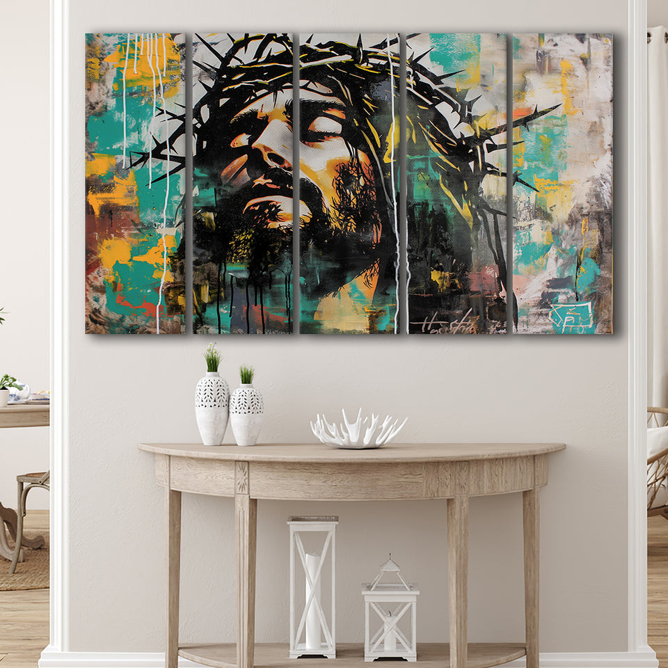 Crown Of Thorns Jesus Christ Portrait Graffiti Art, Extra Large Multi 5 Panel Canvas Print Wall Art Decor
