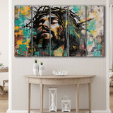 Crown Of Thorns Jesus Christ Portrait Graffiti Art, Extra Large Multi 5 Panel Canvas Print Wall Art Decor