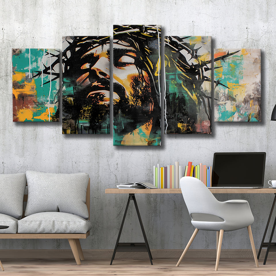 Crown Of Thorns Jesus Christ Portrait Graffiti Art, Multi Panel Canvas Print Wall Art Decor, 5 Mixed Panel