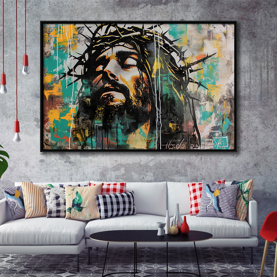 Crown Of Thorns Jesus Christ Portrait Graffiti Art, Framed Canvas Print Wall Art Decor,Floating Frame