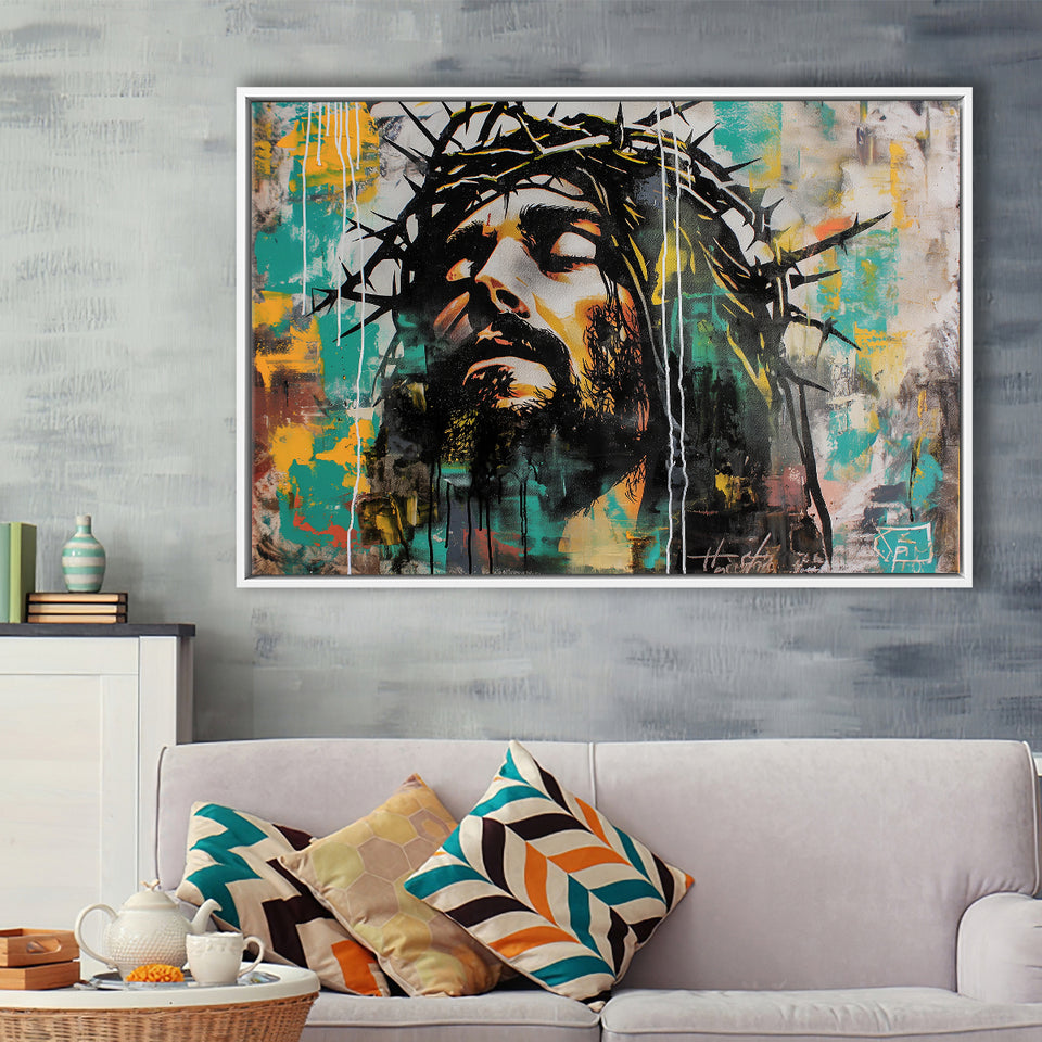 Crown Of Thorns Jesus Christ Portrait Graffiti Art, Framed Canvas Print Wall Art Decor,Floating Frame