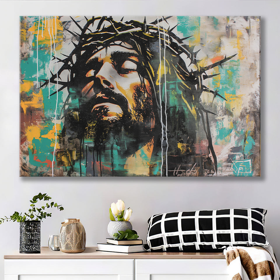 Crown Of Thorns Jesus Christ Portrait Graffiti Art, Canvas Print Wall Art Decor, Landscape Art Print