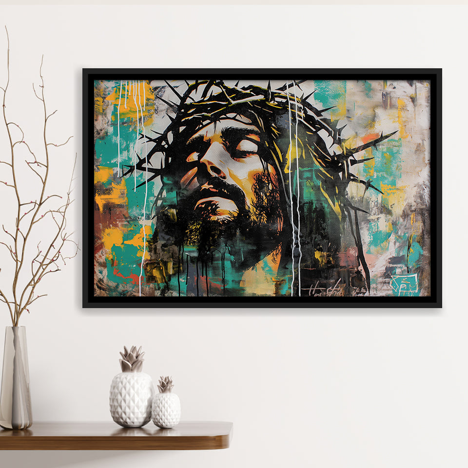 Crown Of Thorns Jesus Christ Portrait Graffiti Art, Framed Canvas Print Wall Art Decor,Floating Frame