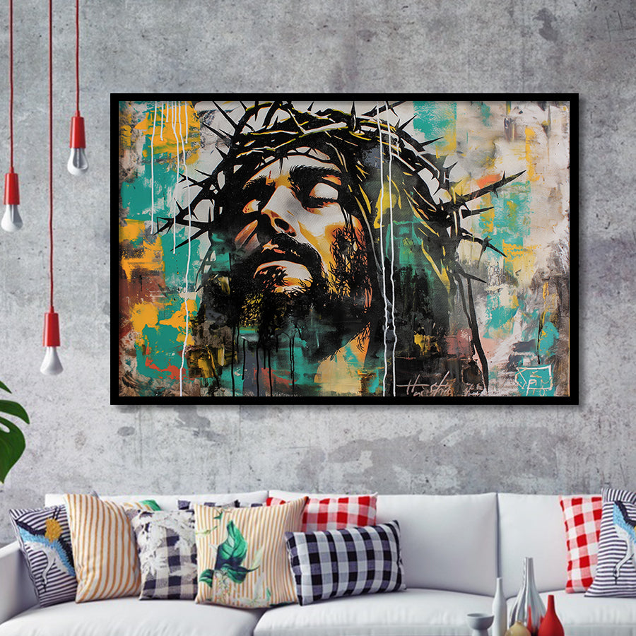 Crown Of Thorns Jesus Christ Portrait Graffiti Art, Framed Art Print Wall Decor, Framed Picture