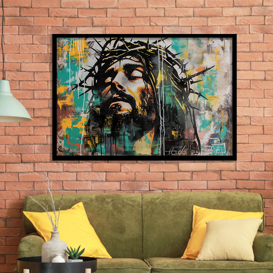 Crown Of Thorns Jesus Christ Portrait Graffiti Art, Framed Art Print Wall Decor, Framed Picture