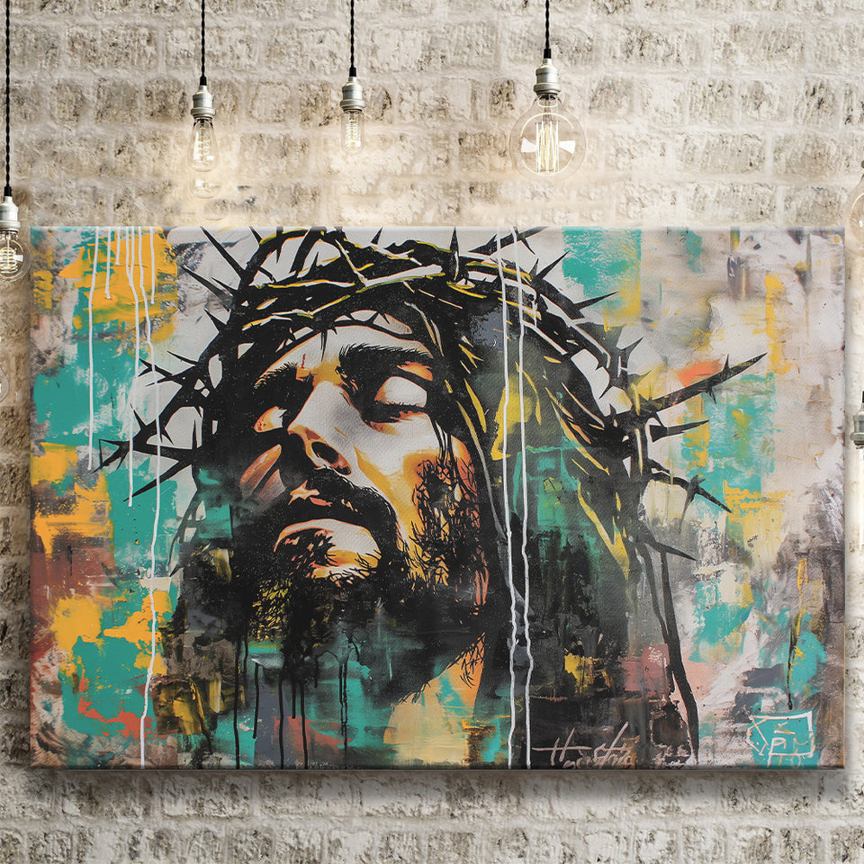 Crown Of Thorns Jesus Christ Portrait Graffiti Art, Canvas Print Wall Art Decor, Landscape Art Print