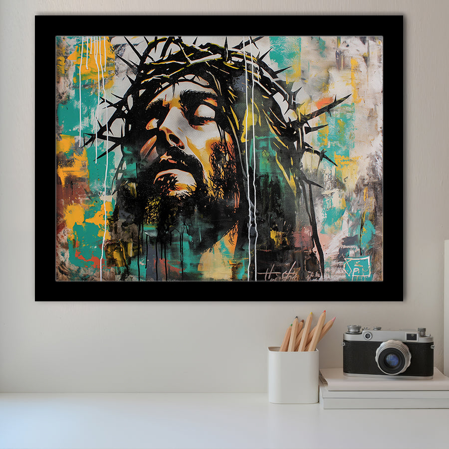 Crown Of Thorns Jesus Christ Portrait Graffiti Art, Framed Art Print Wall Decor, Framed Picture
