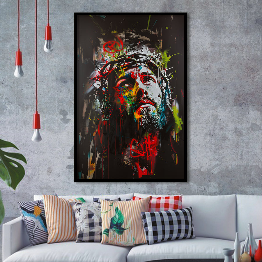 Crown Of Thorns Jesus Christ Portrait Graffiti Mixed Color,Framed Art Prints Wall Decor, Picture Framed