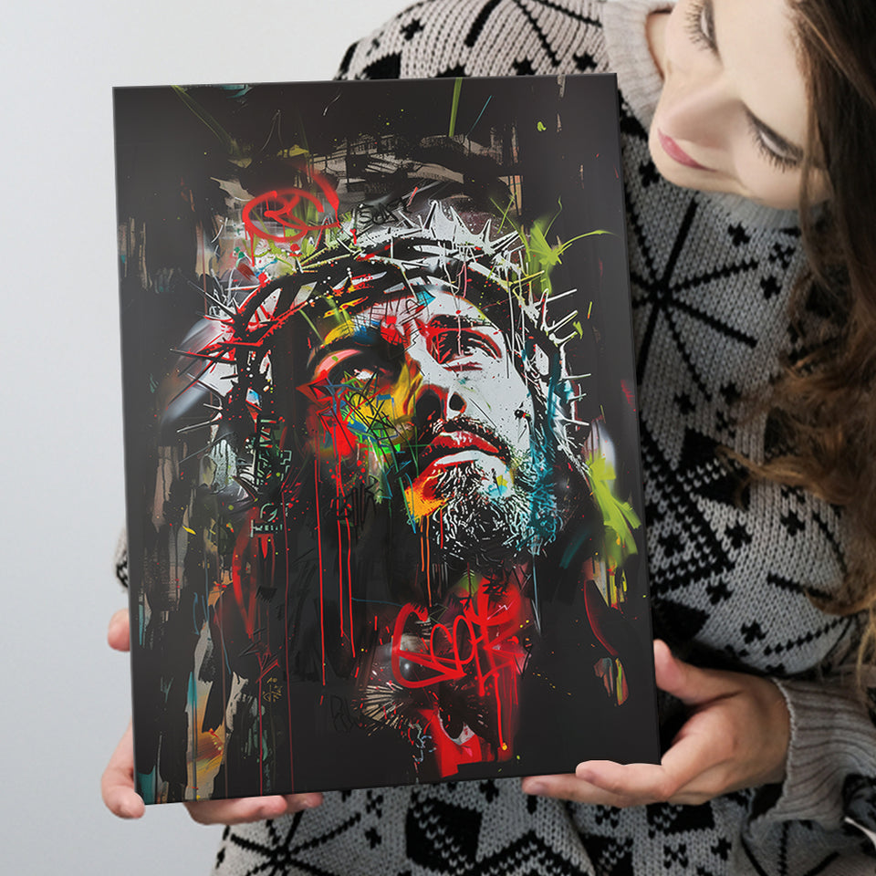 Crown Of Thorns Jesus Christ Portrait Graffiti Mixed Color, Canvas Painting, Canvas Print Wall Art Decor